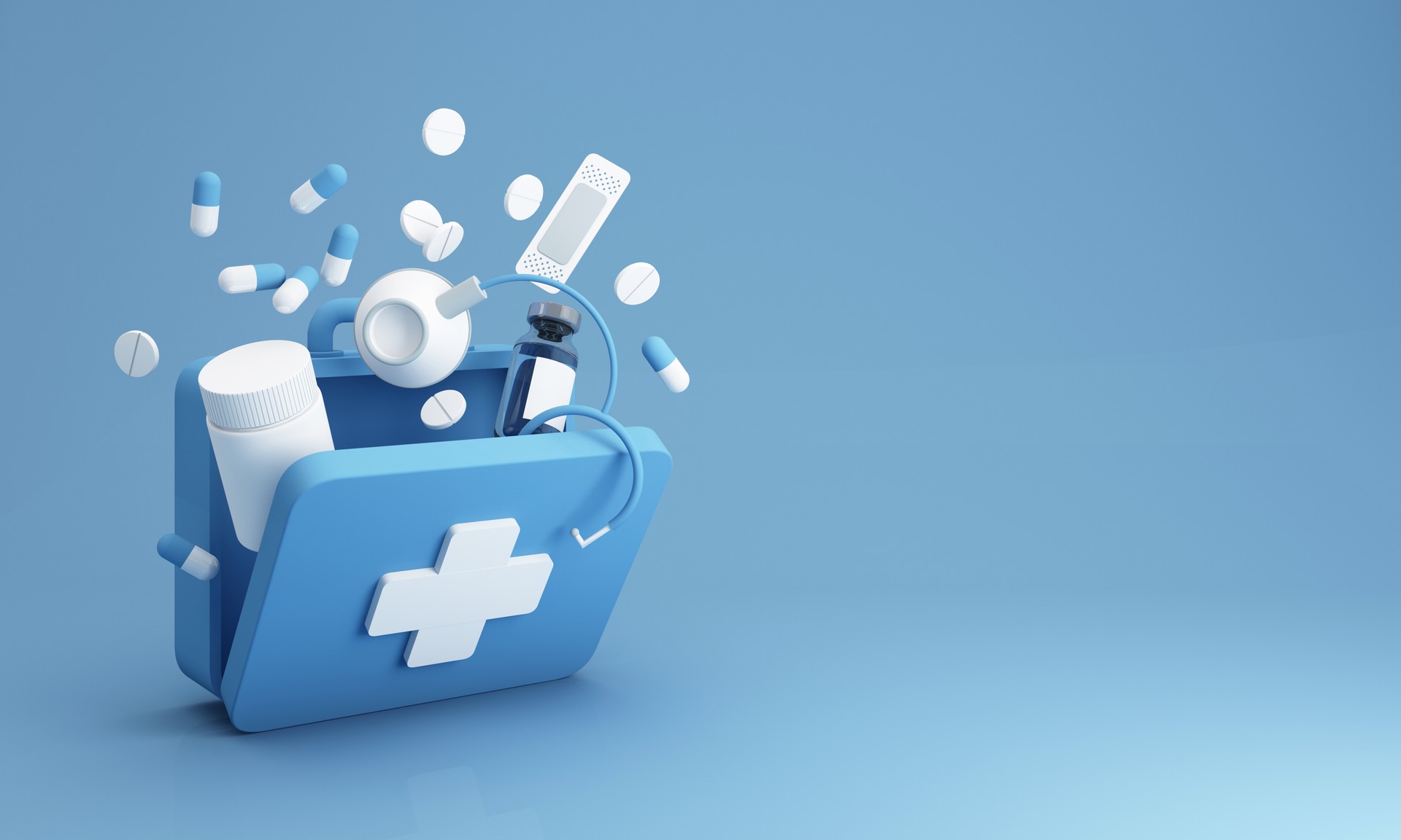 Simple open blue first aid kit with medicines for drugstore category Includes wound bandage, pill box, stethoscope, and vaccine with and lots of pills and capsules. on blue 3d render illustration